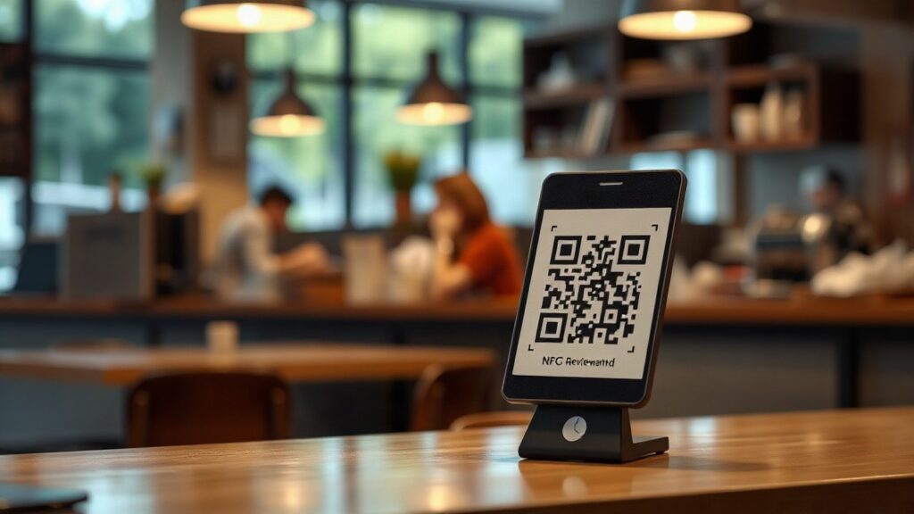 NFC-Bewertungsaufsteller auf einer Ladentheke symbolisiert die Technologie des Optimizzer Gründers – Symbolbild, KI-erzeugt