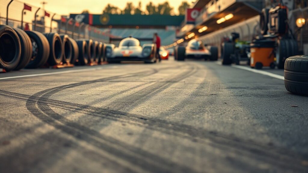 Boxengasse einer Rennstrecke mit Reifen und Werkzeug, passend zur Motorsport-Karriere von Philipp Eng – Symbolbild, KI-erzeugt