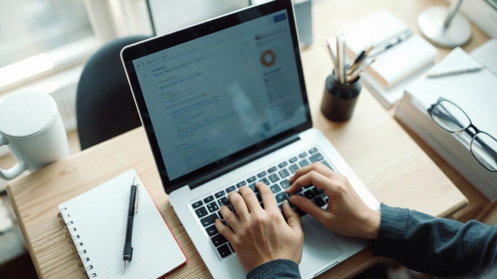 A tidy office desk from above, a laptop with a blurred, unreadable search-results-style interface on the screen, a notebook and a pen beside it, soft morning light through a window – Symbolbild, KI-erzeugt
