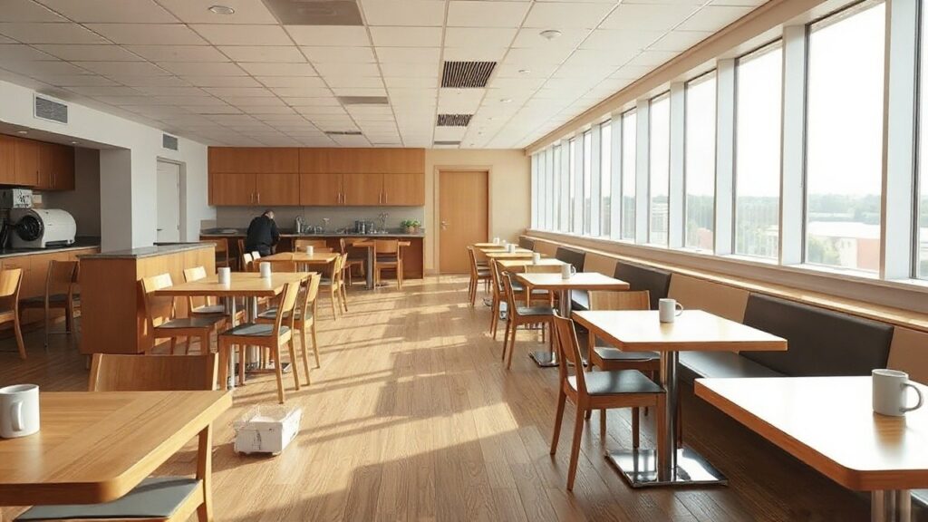 Eine verlassene Krankenhaus-Cafeteria mit warmem Licht erinnert an die Rolle, die Rolf Becker fast zwei Jahrzehnte spielte – Symbolbild, KI-erzeugt