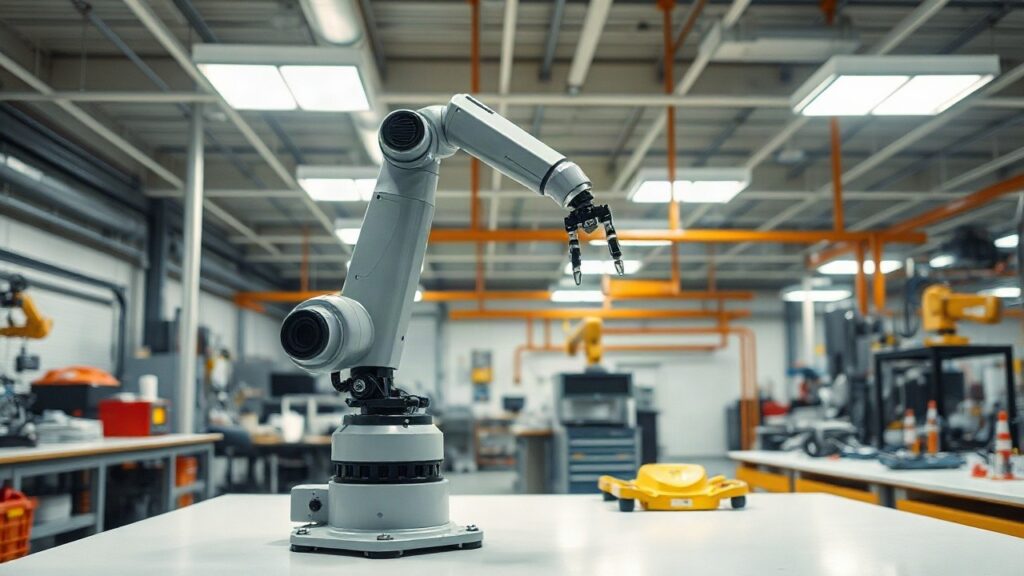 Ein zweiarmiger Industrieroboter in einer modernen Werkshalle steht sinnbildlich für den Erfolg von Roman Hölzl mit RobCo – Symbolbild, KI-erzeugt