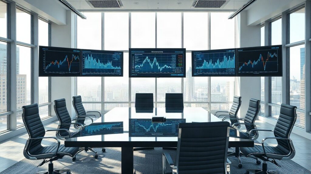 Leerer Konferenzraum mit Monitoren und Datenvisualisierungen symbolisiert das Mindset von Sam Altman in der KI-Branche – Symbolbild, KI-erzeugt