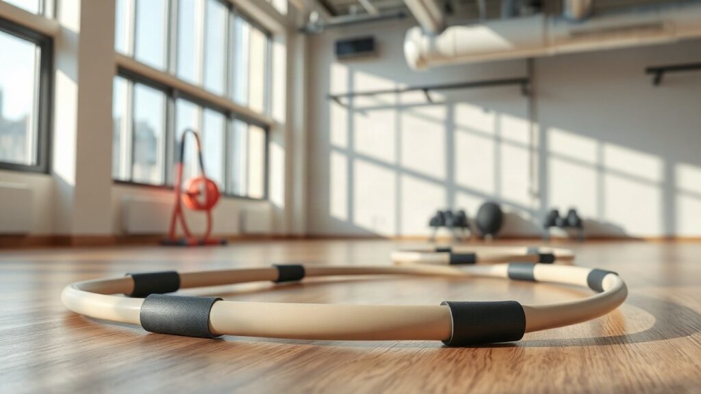 Ein flexibler Trainingsbogen liegt auf dem Boden eines Fitnessstudios, wie ihn Ajambow in der Höhle der Löwen vorstellte – Symbolbild, KI-erzeugt