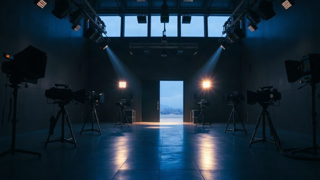 Ein leeres modernes Filmstudio mit Kameraequipment symbolisiert den Aufstieg von David Ellison an die Spitze von Skydance – Symbolbild, KI-erzeugt