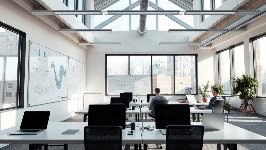 Ein modernes Büro mit Laptops und Whiteboards symbolisiert die Rekordzahlen des Startup Monitor 2026 in der deutschen Gründerszene – Symbolbild, KI-erzeugt