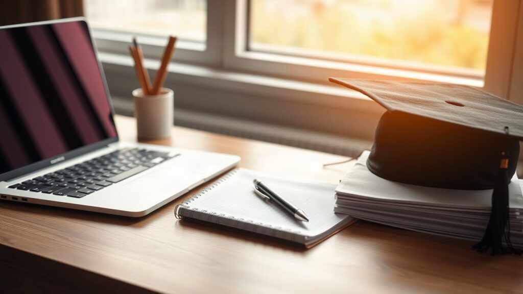 Ein Schreibtisch mit Laptop, Bewerbungsunterlagen und Doktorhut symbolisiert die Studie zur Jobsicherheit unter Studierenden – Symbolbild, KI-erzeugt