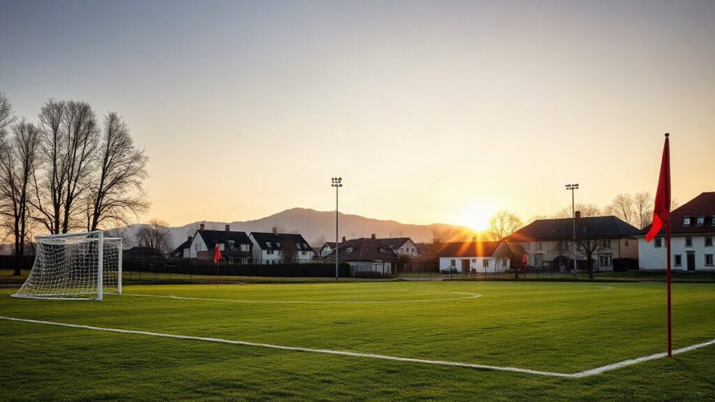 A quiet football training pitch in a small Austrian village at golden hour, empty goal posts, grass pitch with light morning dew, no people visible, wide shot, calm atmosphere – Symbolbild, KI-erzeugt