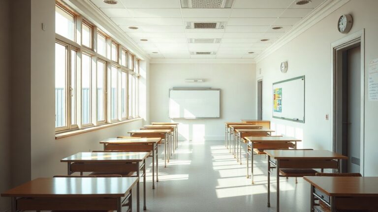 A bright, modern school classroom corridor with large windows, morning light falling on empty desks and a whiteboard, no visible people, no text or logos on walls, wide shot, 16:9 – Symbolbild, KI-erzeugt