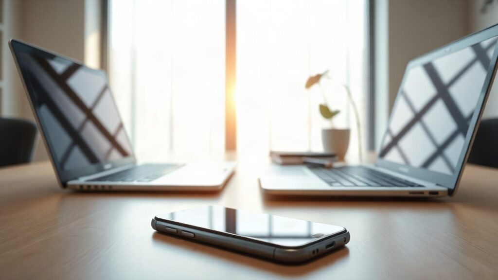 Ein Smartphone auf einem modernen Schreibtisch steht symbolisch für den Bumble Verkauf an Ithaca Holdings – Symbolbild, KI-erzeugt
