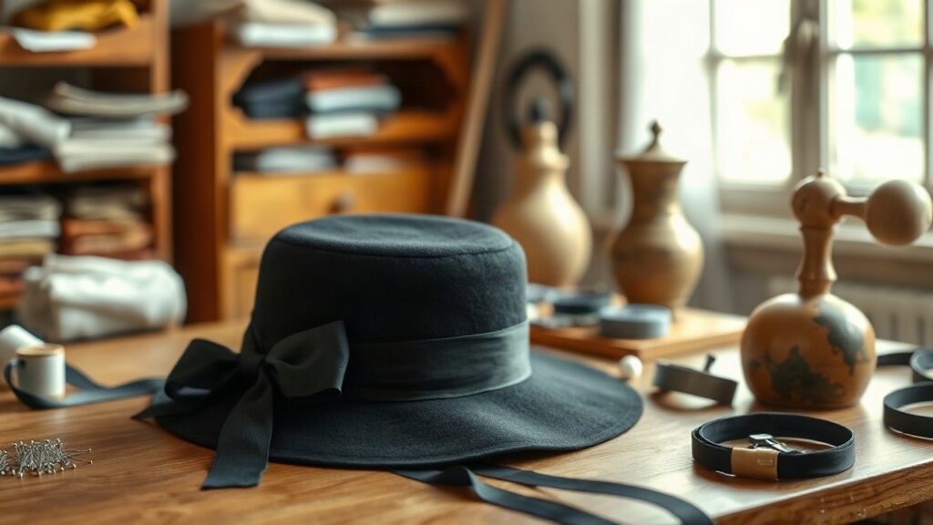 Ein kunstvoll gefertigter Hut liegt auf einem Werkstatttisch, wie ihn eine Wiener Hutmacherin für ein Modefestival anfertigen würde – Symbolbild, KI-erzeugt