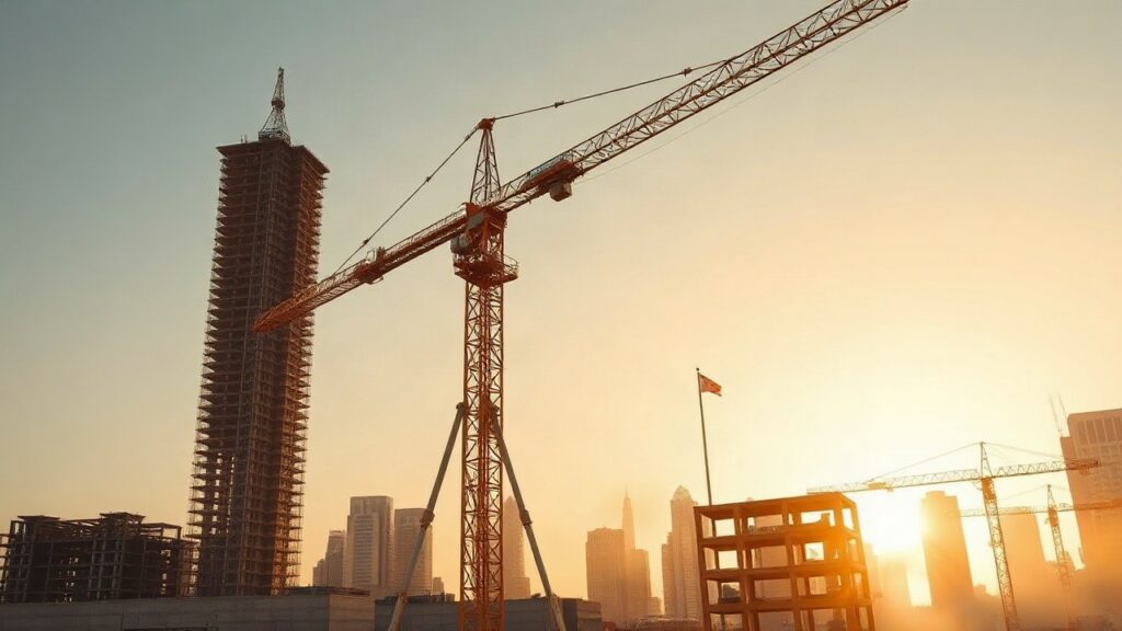 A close-up construction site scene showing a tower crane climbing mechanism against a modern high-rise skeleton under construction, golden late-afternoon light, dust in the air, no – Symbolbild, KI-erzeugt
