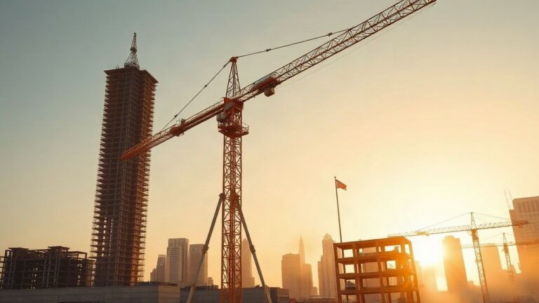 A close-up construction site scene showing a tower crane climbing mechanism against a modern high-rise skeleton under construction, golden late-afternoon light, dust in the air, no – Symbolbild, KI-erzeugt