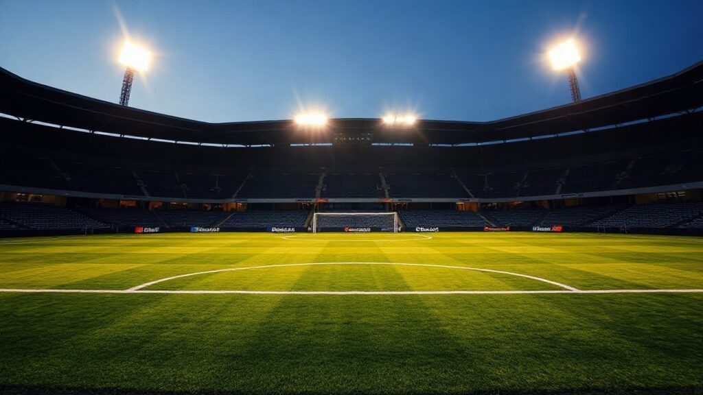 Ein leeres Fußballstadion bei Flutlicht symbolisiert den Neustart von Yusuf Demir bei Rapid Wien – Symbolbild, KI-erzeugt